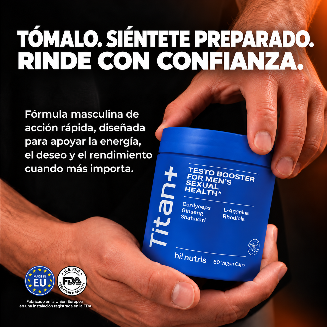 TITAN+ en las manos de un hombre, con los sellos originales de fabricación